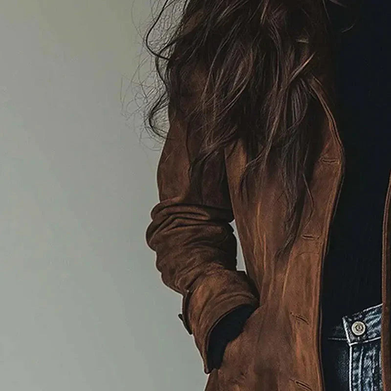 Women's Long Brown Suede Style Jacket with Lapel Collar and Double Breasted Front