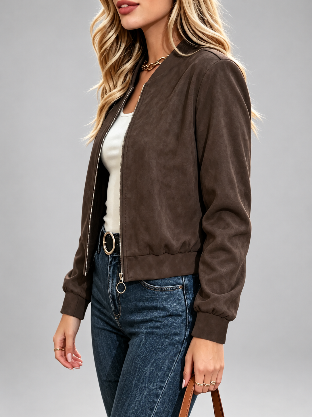 Women's Suede Look Bomber Jacket – Coffee – 3