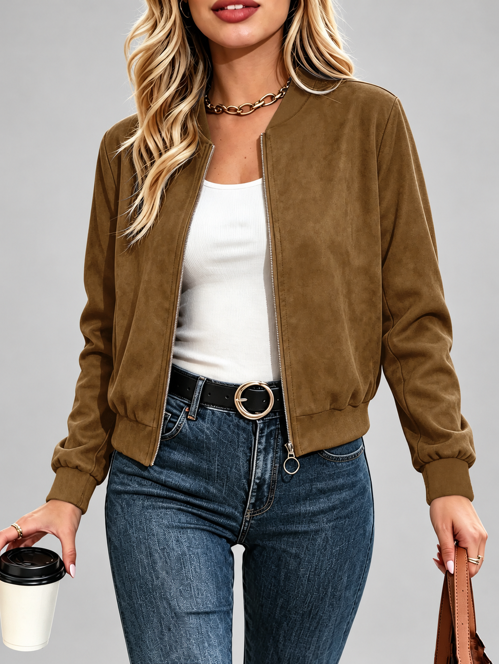 Women's Suede Look Bomber Jacket – Dark Brown – 1