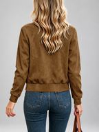 Women's Suede Look Bomber Jacket – Dark Brown – 2