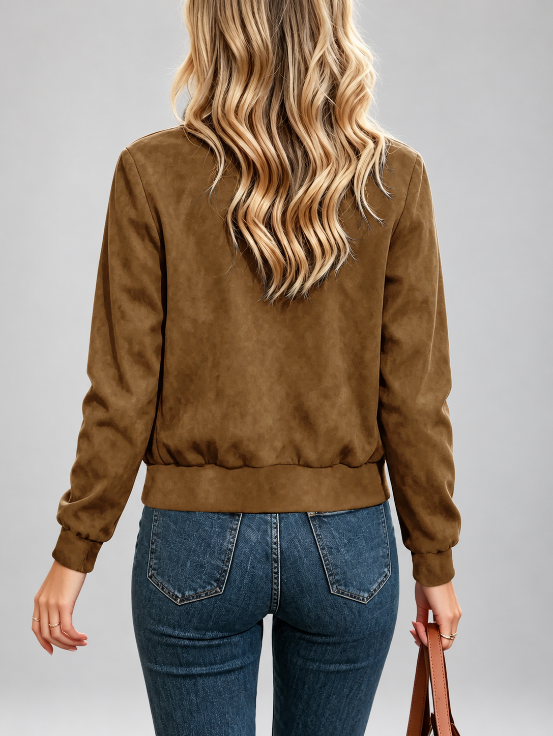 Women's Suede Look Bomber Jacket – Dark Brown – 2