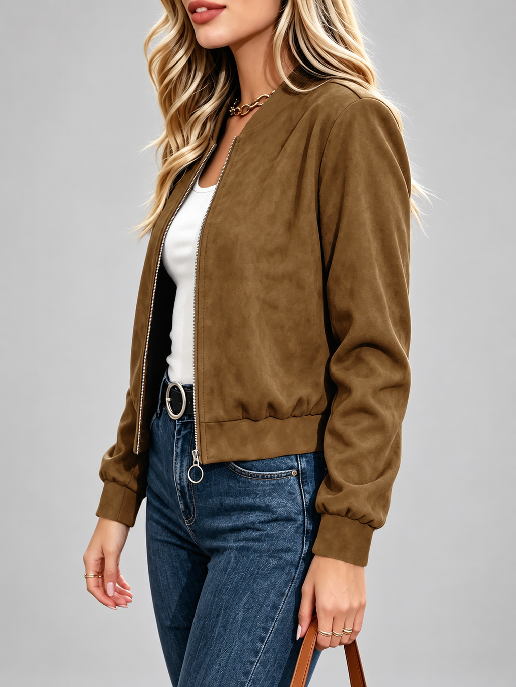 Women's Suede Look Bomber Jacket – Dark Brown – 3