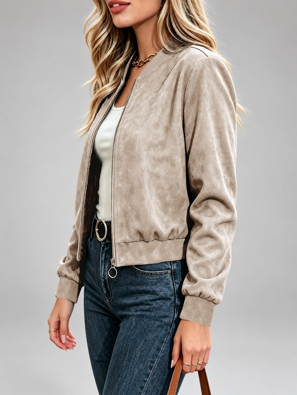 Women's Suede Look Bomber Jacket – Khaki – 3