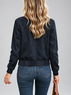 Women's Suede Look Bomber Jacket – Navy Blue – 2