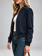 Women's Suede Look Bomber Jacket – Navy Blue – 3