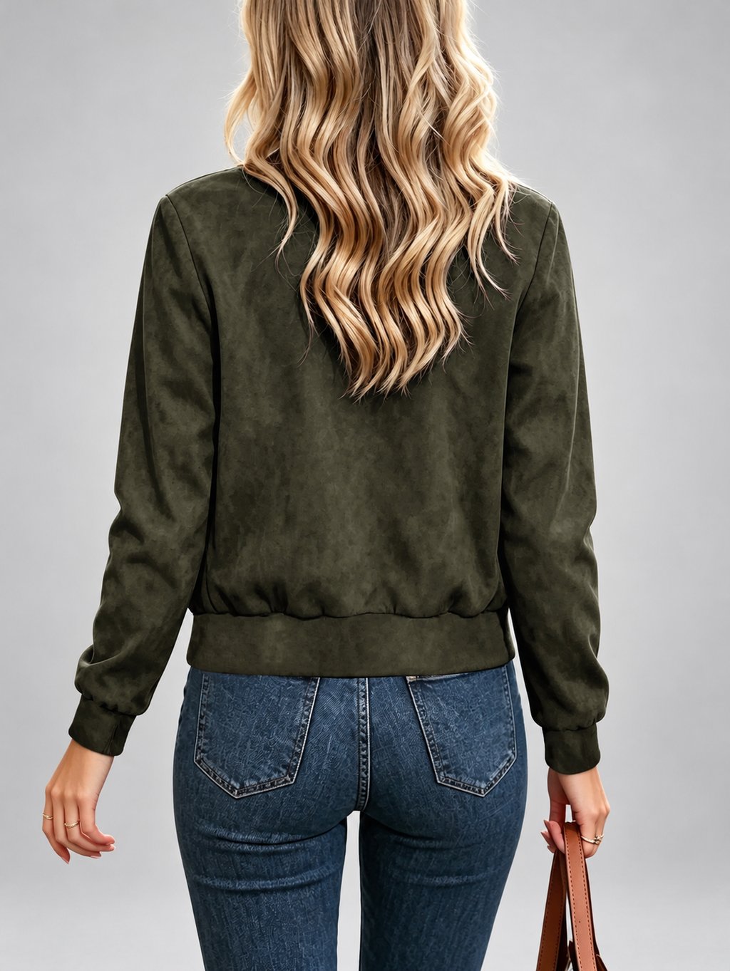 Women's Suede Look Bomber Jacket – Green – 2