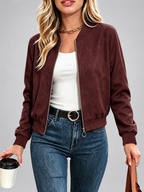 Women's Suede Look Bomber Jacket – Dark Red-A – 1