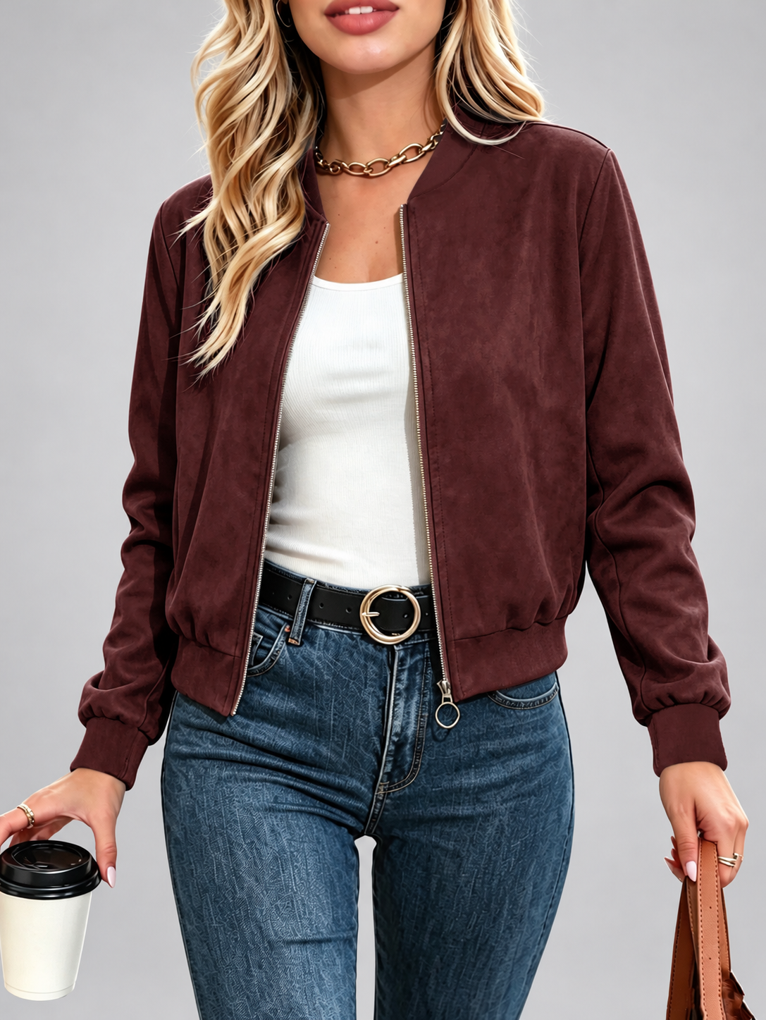 Women's Suede Look Bomber Jacket – Dark Red-A – 1