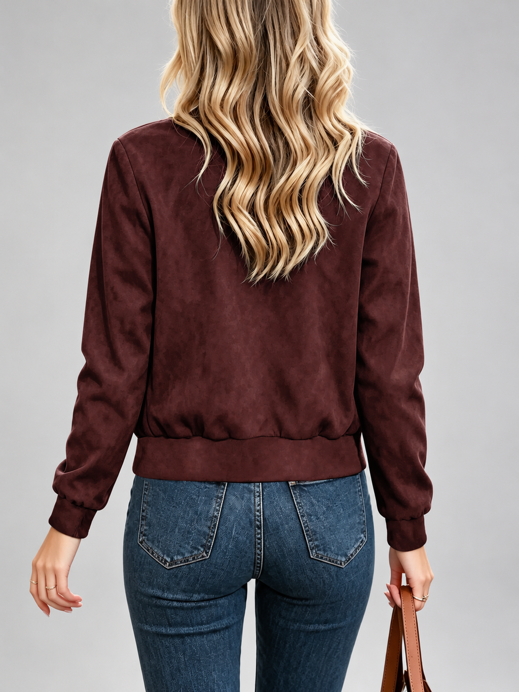 Women's Suede Look Bomber Jacket – Dark Red-A – 2
