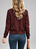 Women's Suede Look Bomber Jacket – Dark Red-A – 2