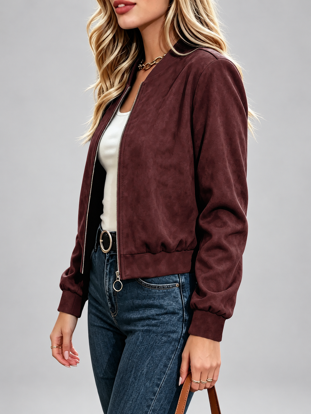 Women's Suede Look Bomber Jacket – Dark Red-A – 3