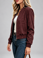 Women's Suede Look Bomber Jacket – Dark Red-A – 3