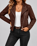 Women's Suede-Style Biker Jacket | Slim Fit Jacket with Zip Pockets – Dark Brown – 1