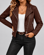 Women's Suede-Style Biker Jacket | Slim Fit Jacket with Zip Pockets – Dark Brown – 1