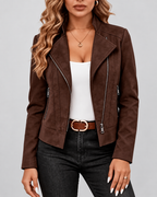 Women's Suede-Style Biker Jacket | Slim Fit Jacket with Zip Pockets – Dark Brown – 2