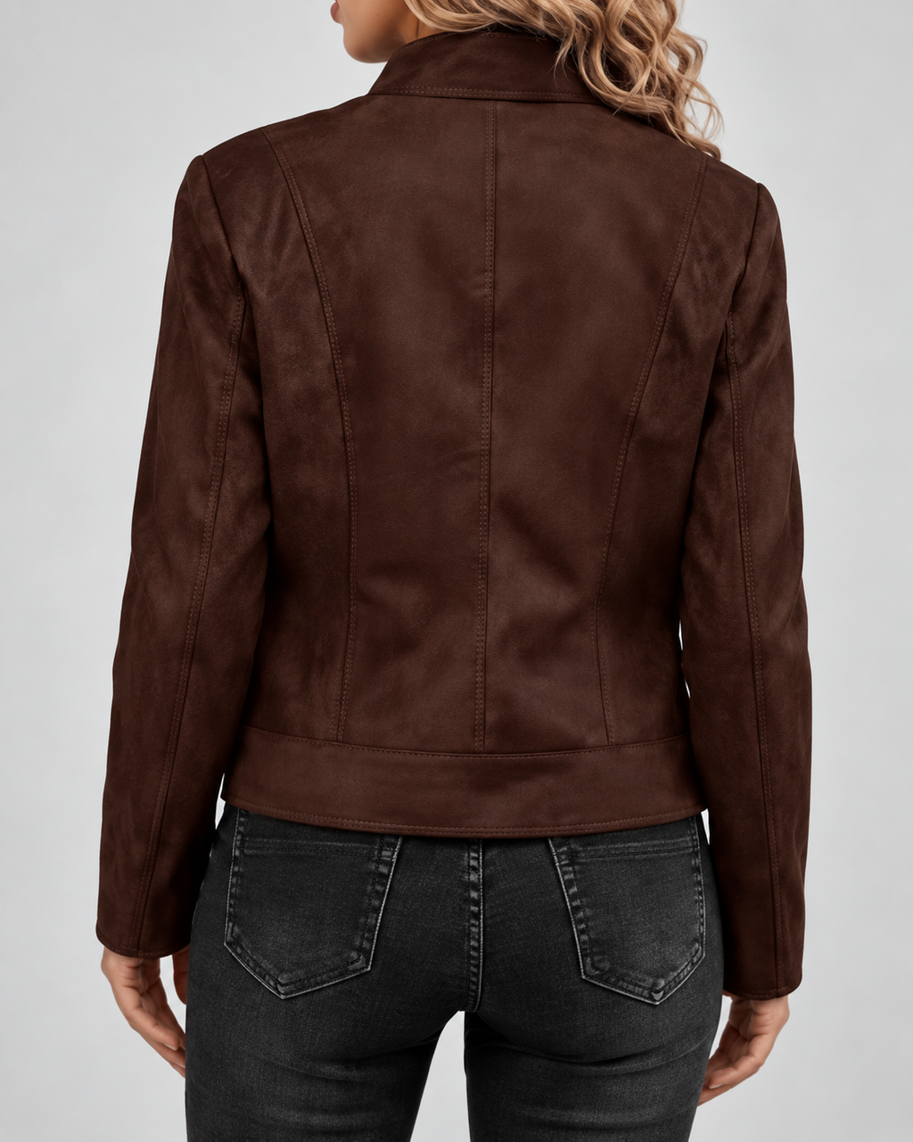 Women's Suede-Style Biker Jacket | Slim Fit Jacket with Zip Pockets – Dark Brown – 3