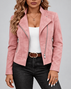 Women's Suede-Style Biker Jacket | Slim Fit Jacket with Zip Pockets – Pink – 2