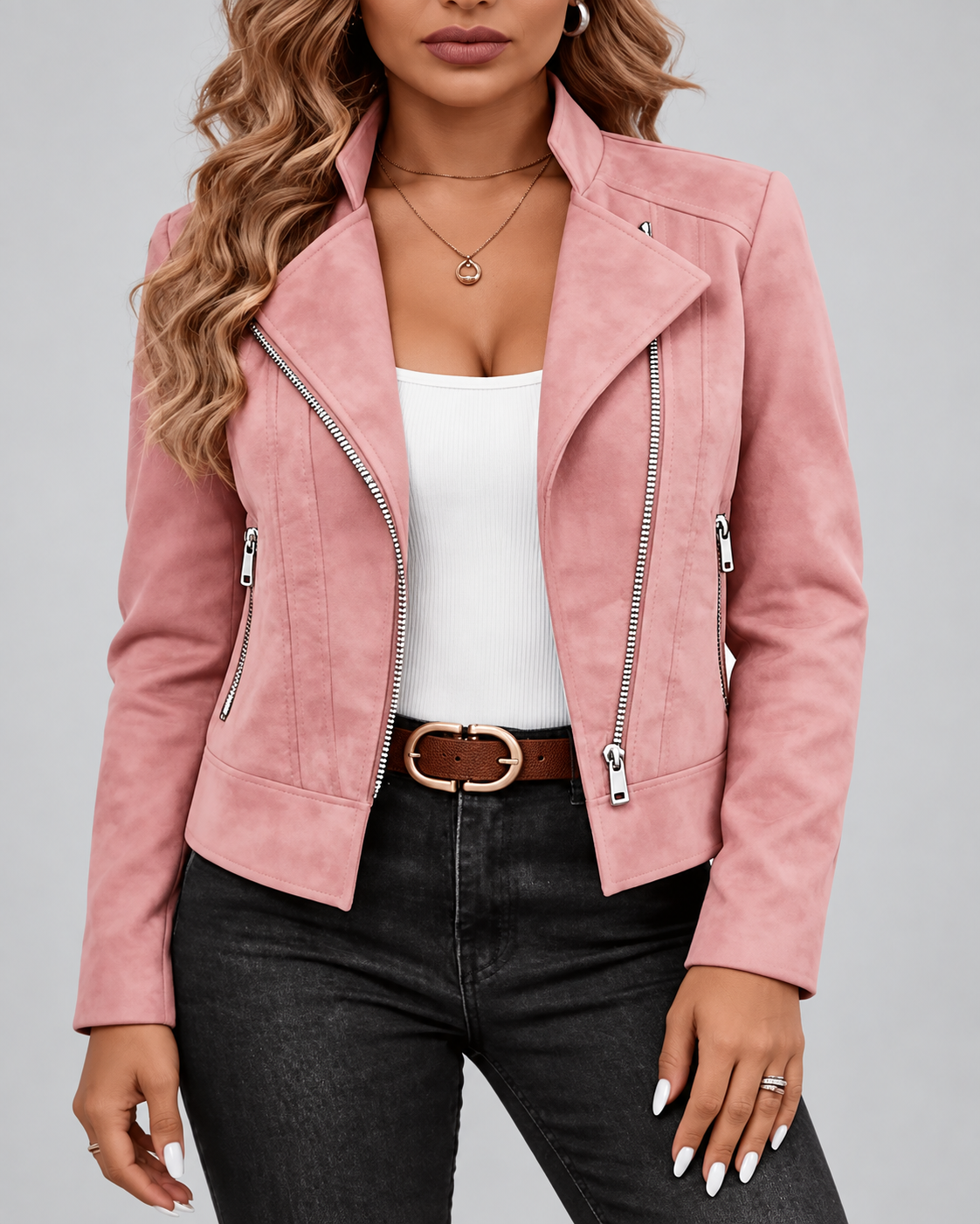 Women's Suede-Style Biker Jacket | Slim Fit Jacket with Zip Pockets – Pink – 2