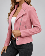 Women's Suede-Style Biker Jacket | Slim Fit Jacket with Zip Pockets – Pink – 5