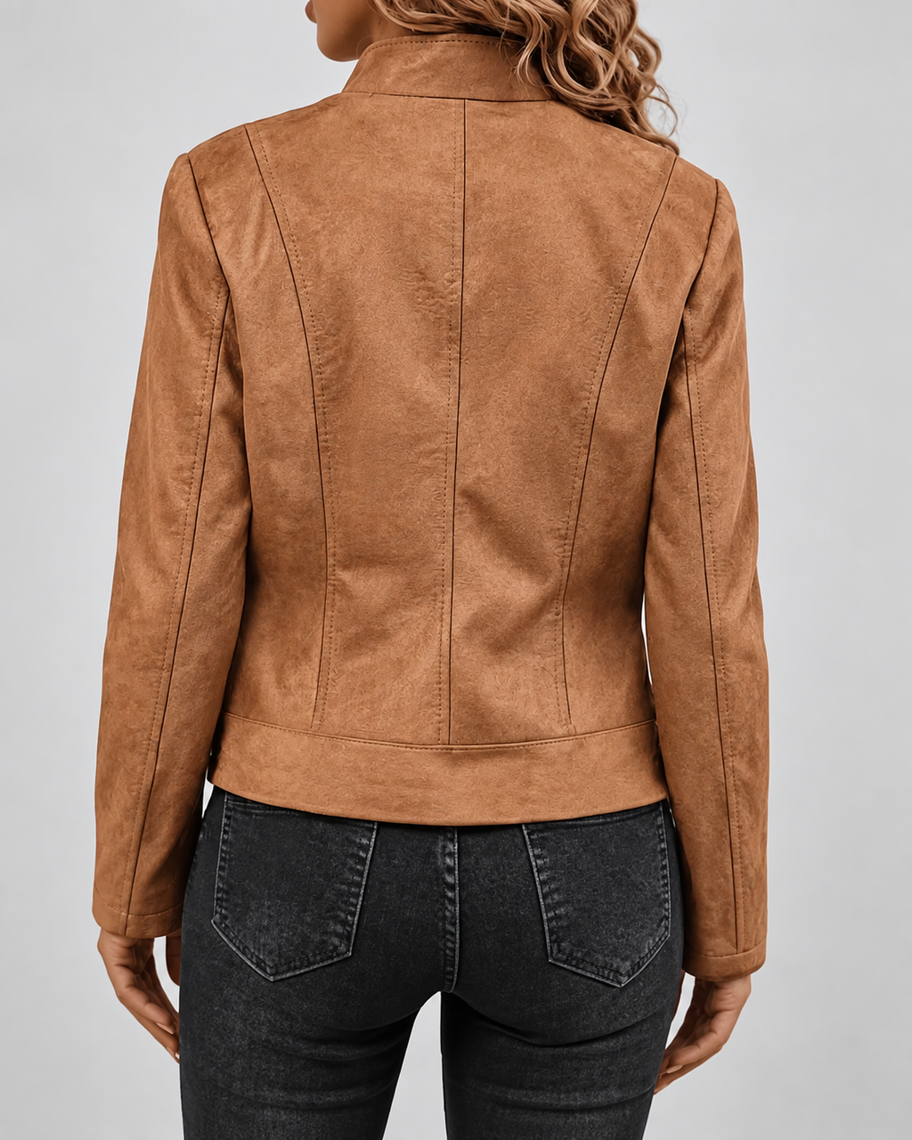 Women's Suede-Style Biker Jacket | Slim Fit Jacket with Zip Pockets – Khaki – 2