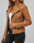 Women's Suede-Style Biker Jacket | Slim Fit Jacket with Zip Pockets – Khaki – 3