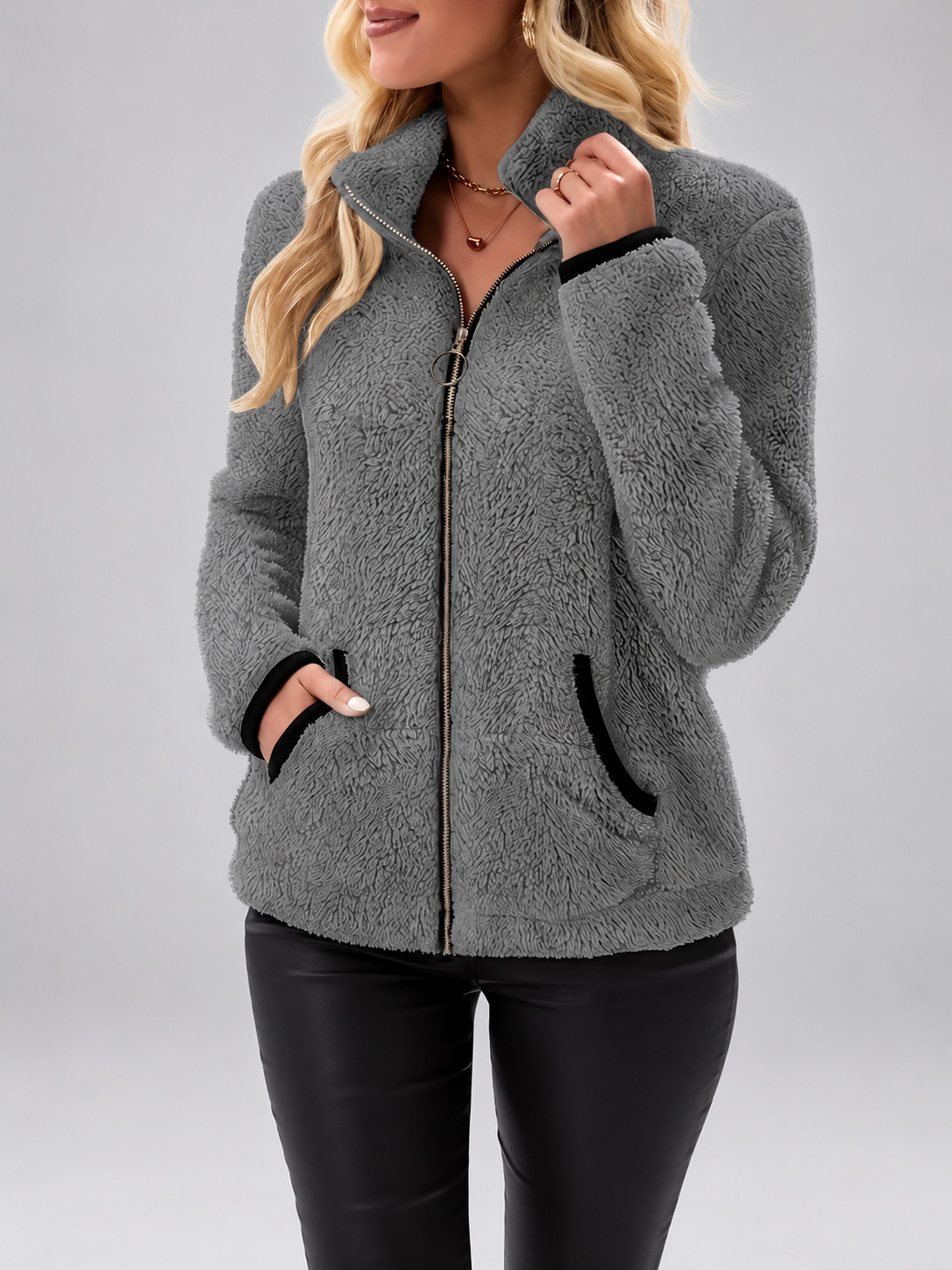 Women's Teddy Jacket | Fleece Zip-Up Jacket with Pockets – Grey – 1
