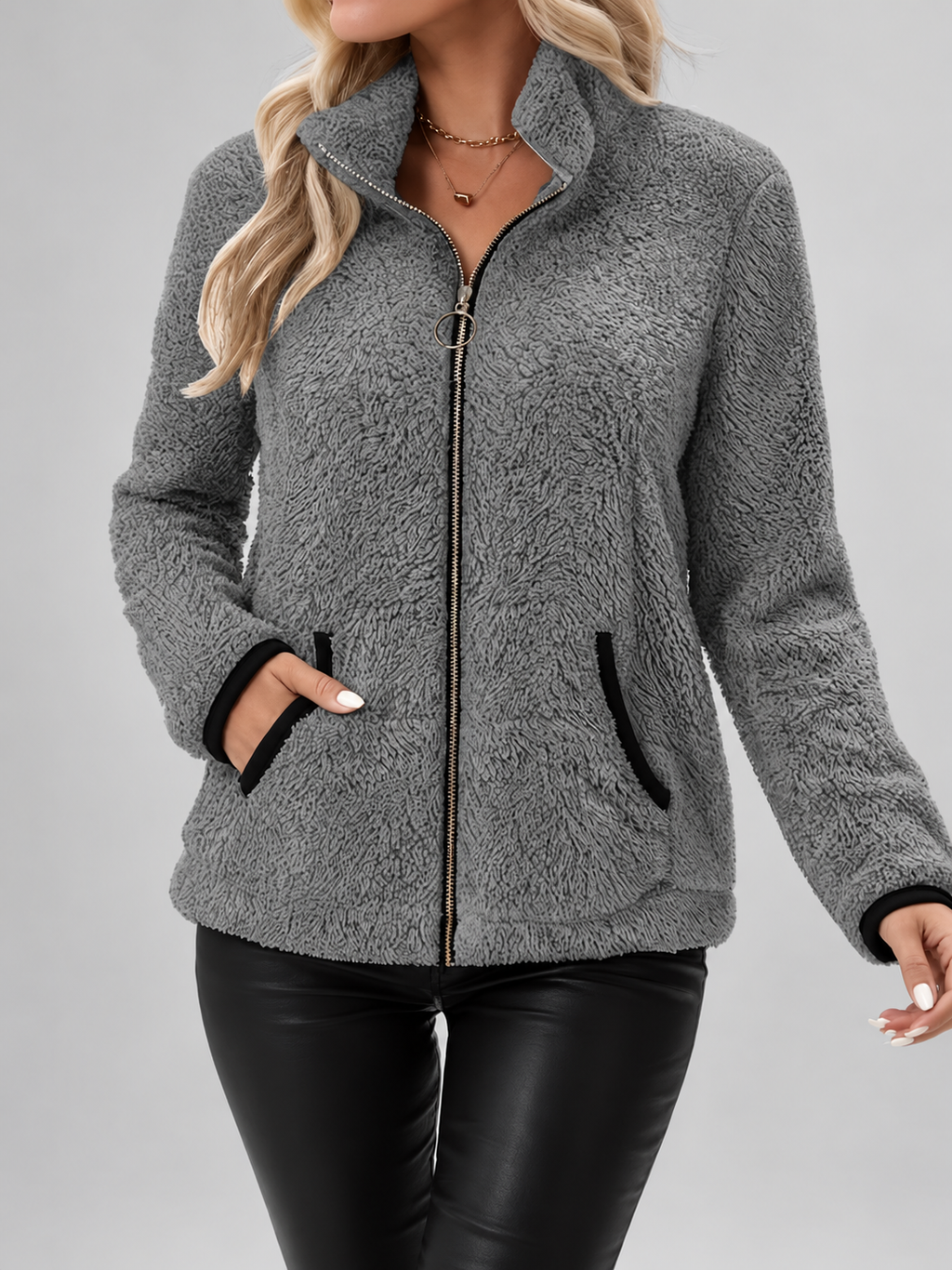 Women's Teddy Jacket | Fleece Zip-Up Jacket with Pockets – Grey – 4
