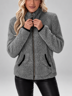 Women's Teddy Jacket | Fleece Zip-Up Jacket with Pockets – Grey – 6