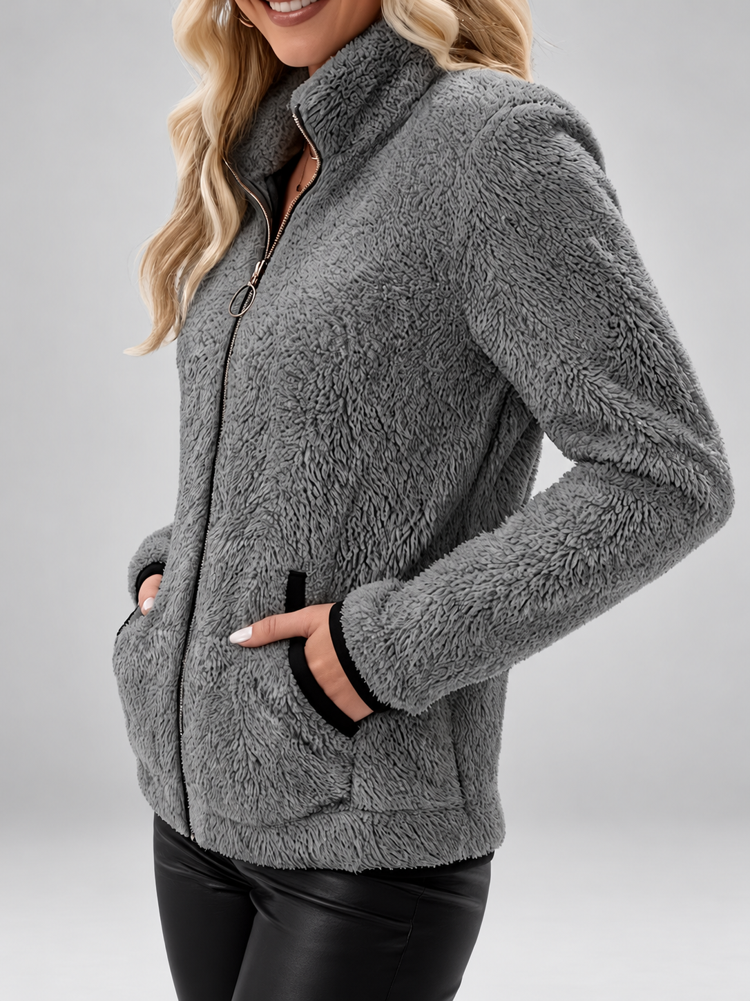 Women's Teddy Jacket | Fleece Zip-Up Jacket with Pockets – Grey – 7