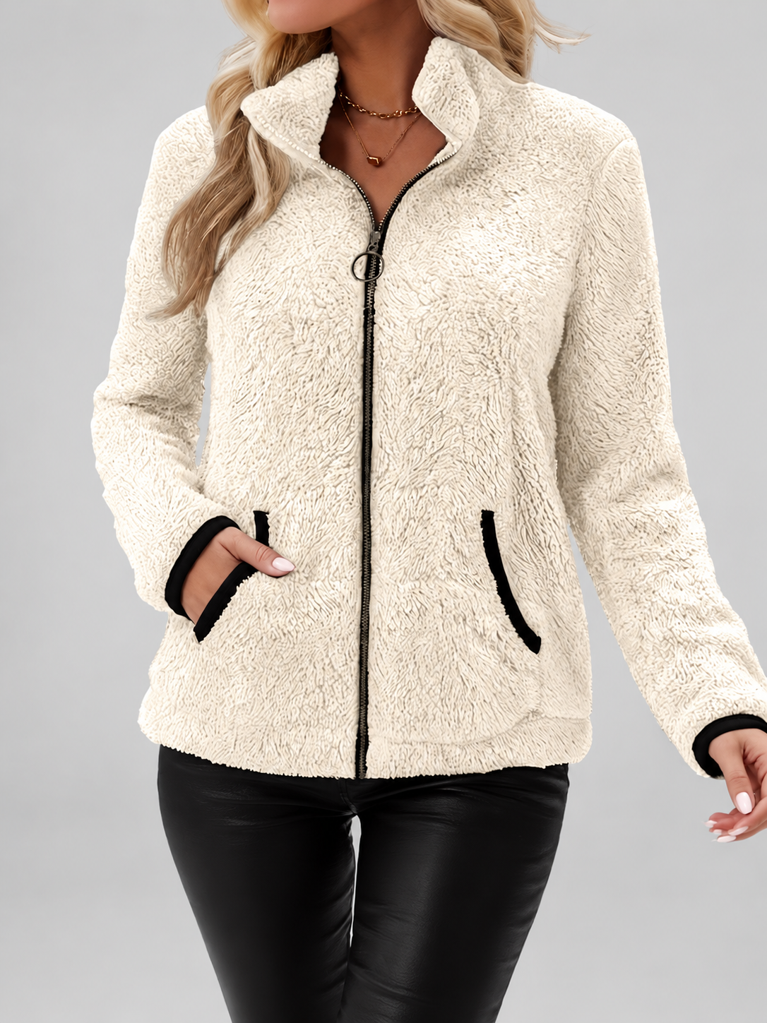 Women's Teddy Jacket | Fleece Zip-Up Jacket with Pockets – Ivory White – 3