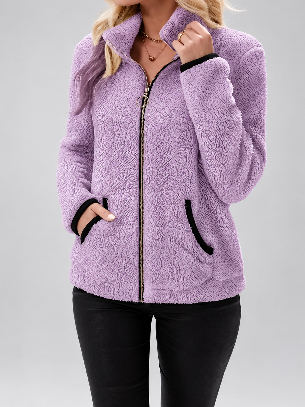 Women's Teddy Jacket | Fleece Zip-Up Jacket with Pockets – Purple – 1