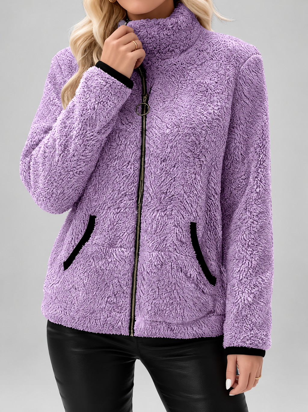 Women's Teddy Jacket | Fleece Zip-Up Jacket with Pockets – Purple – 3