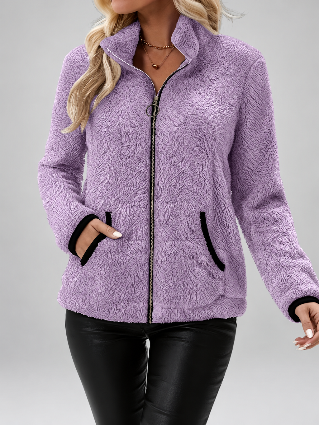 Women's Teddy Jacket | Fleece Zip-Up Jacket with Pockets – Purple – 4