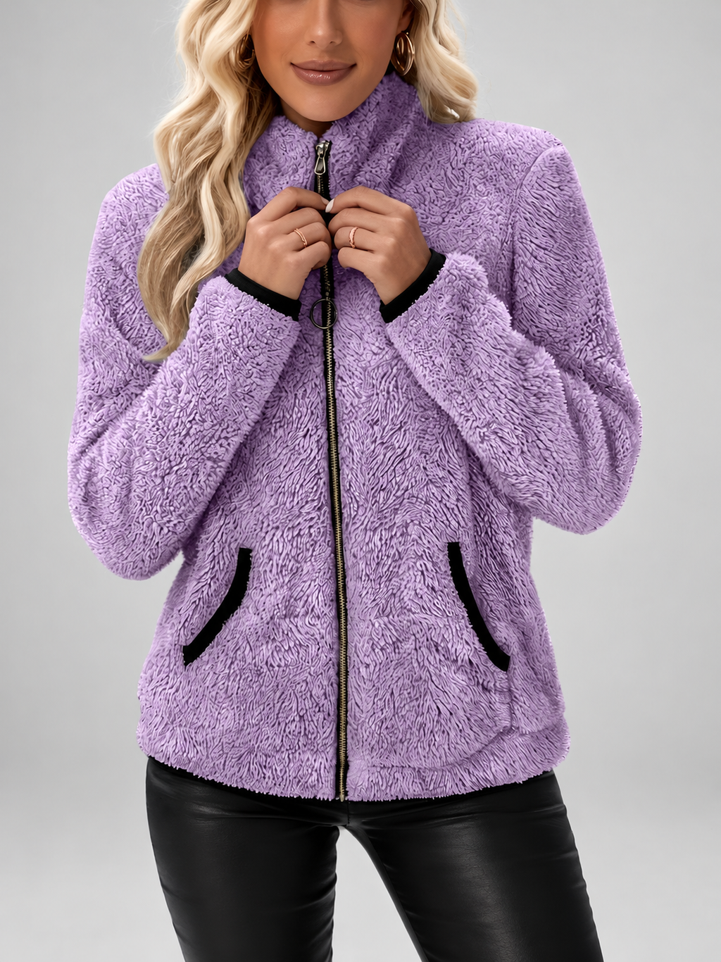 Women's Teddy Jacket | Fleece Zip-Up Jacket with Pockets – Purple – 6
