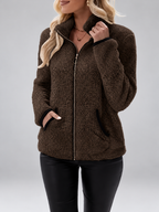 Women's Teddy Jacket | Fleece Zip-Up Jacket with Pockets – Dark Brown – 1