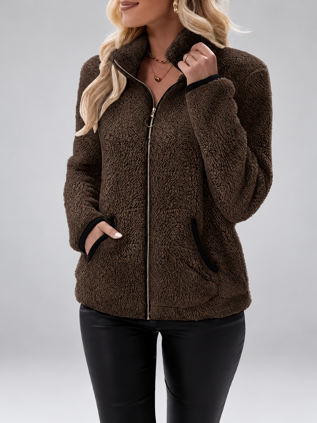 Women's Teddy Jacket | Fleece Zip-Up Jacket with Pockets – Dark Brown – 1