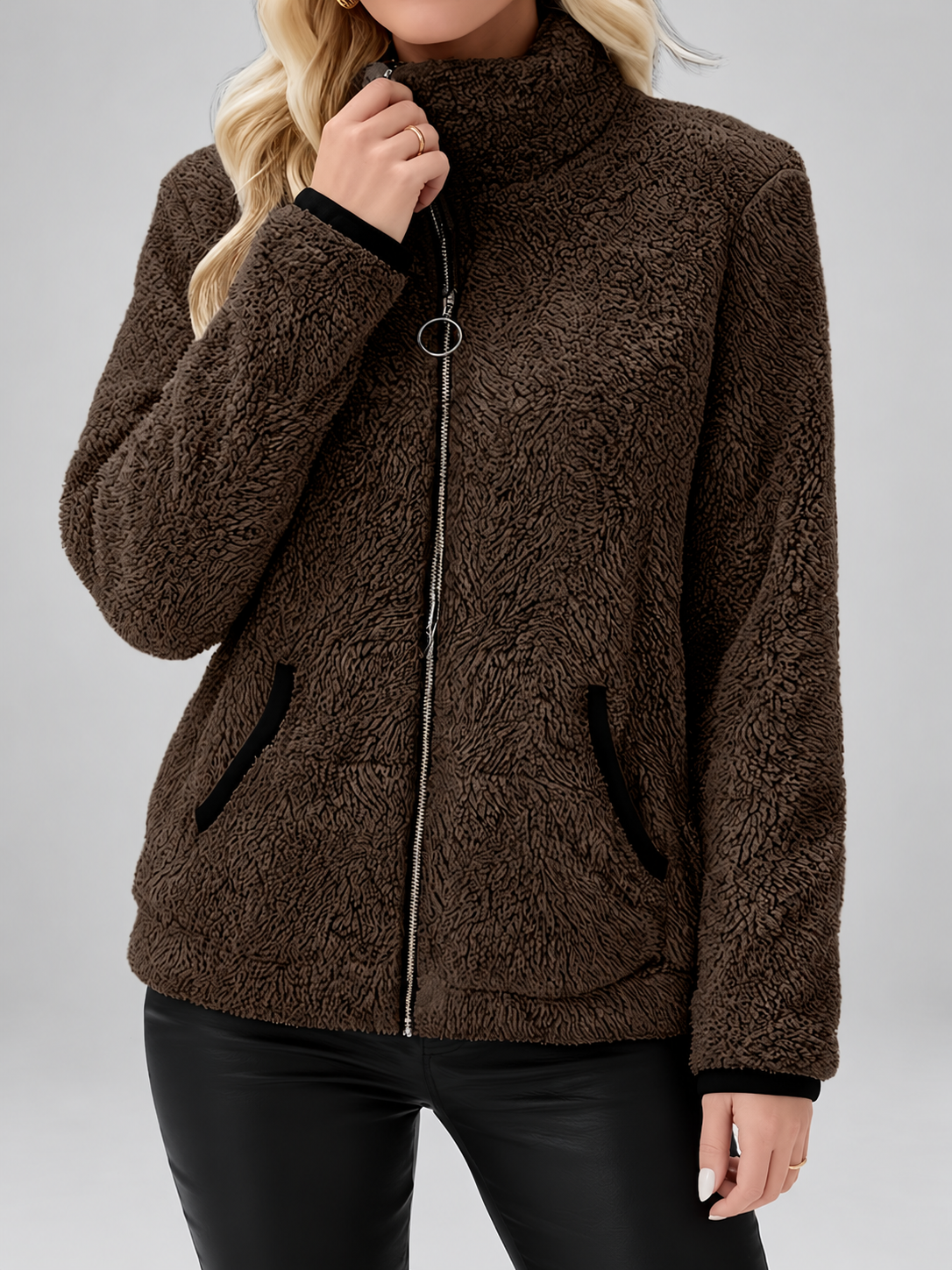 Women's Teddy Jacket | Fleece Zip-Up Jacket with Pockets – Dark Brown – 2
