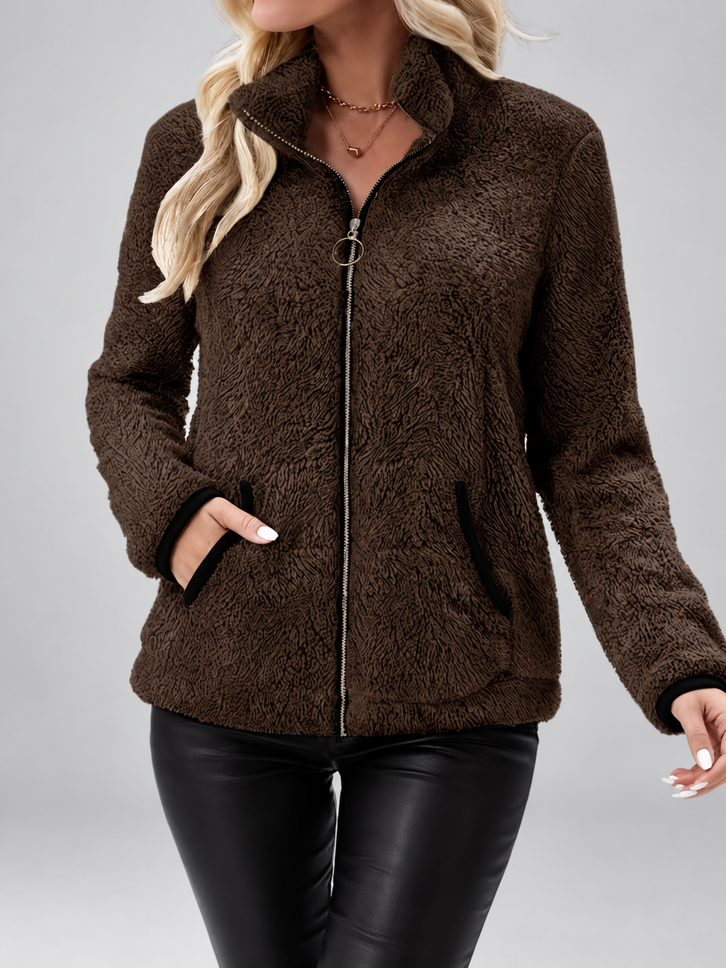 Women's Teddy Jacket | Fleece Zip-Up Jacket with Pockets – Dark Brown – 3