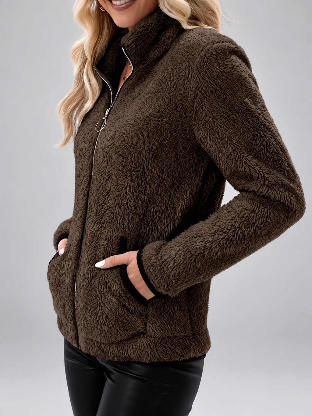 Women's Teddy Jacket | Fleece Zip-Up Jacket with Pockets – Dark Brown – 6