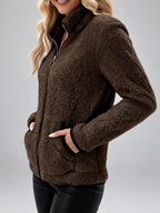 Women's Teddy Jacket | Fleece Zip-Up Jacket with Pockets – Dark Brown – 6
