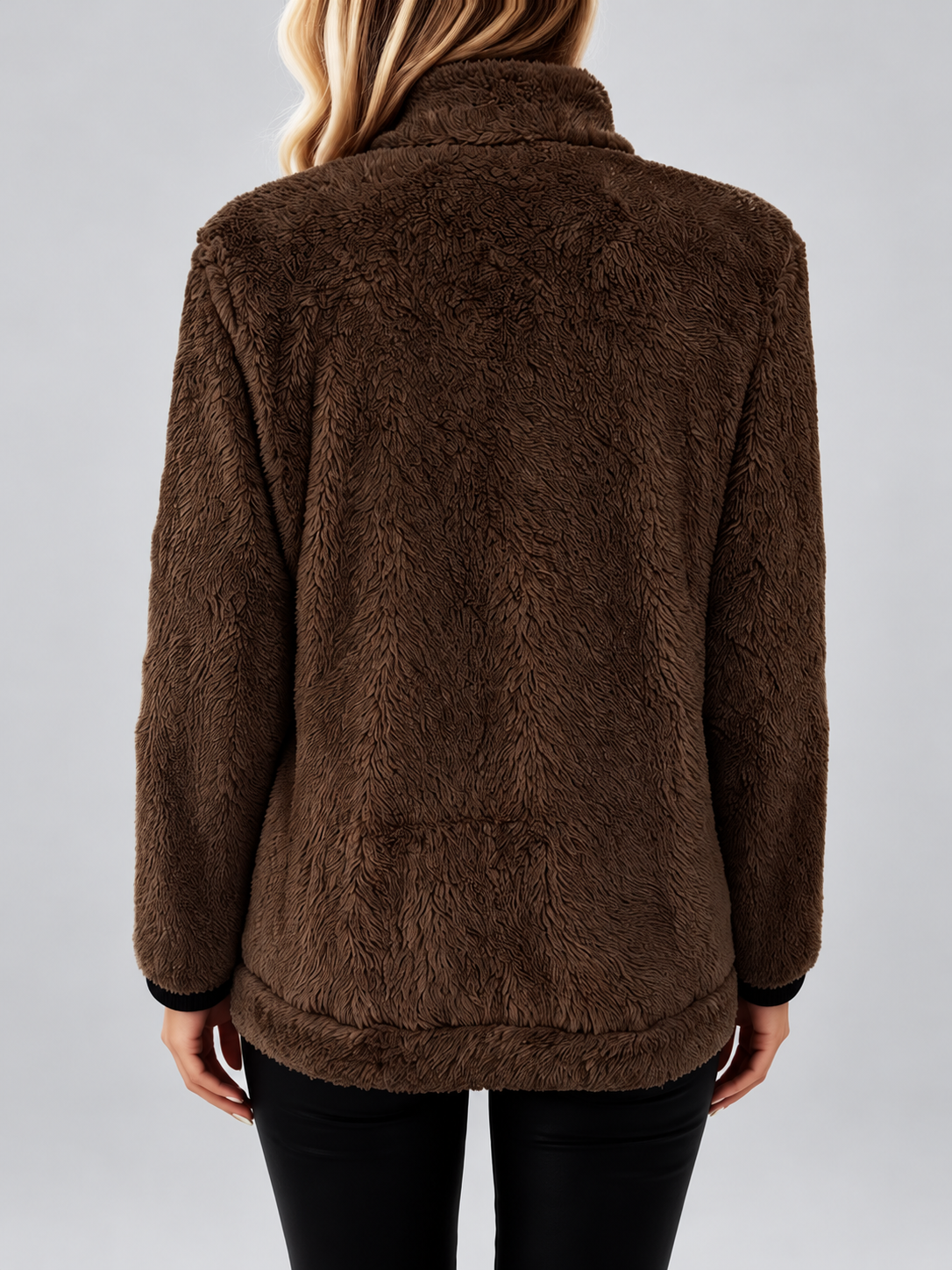 Women's Teddy Jacket | Fleece Zip-Up Jacket with Pockets – Dark Brown – 7