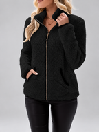 Women's Teddy Jacket | Fleece Zip-Up Jacket with Pockets – Black – 1