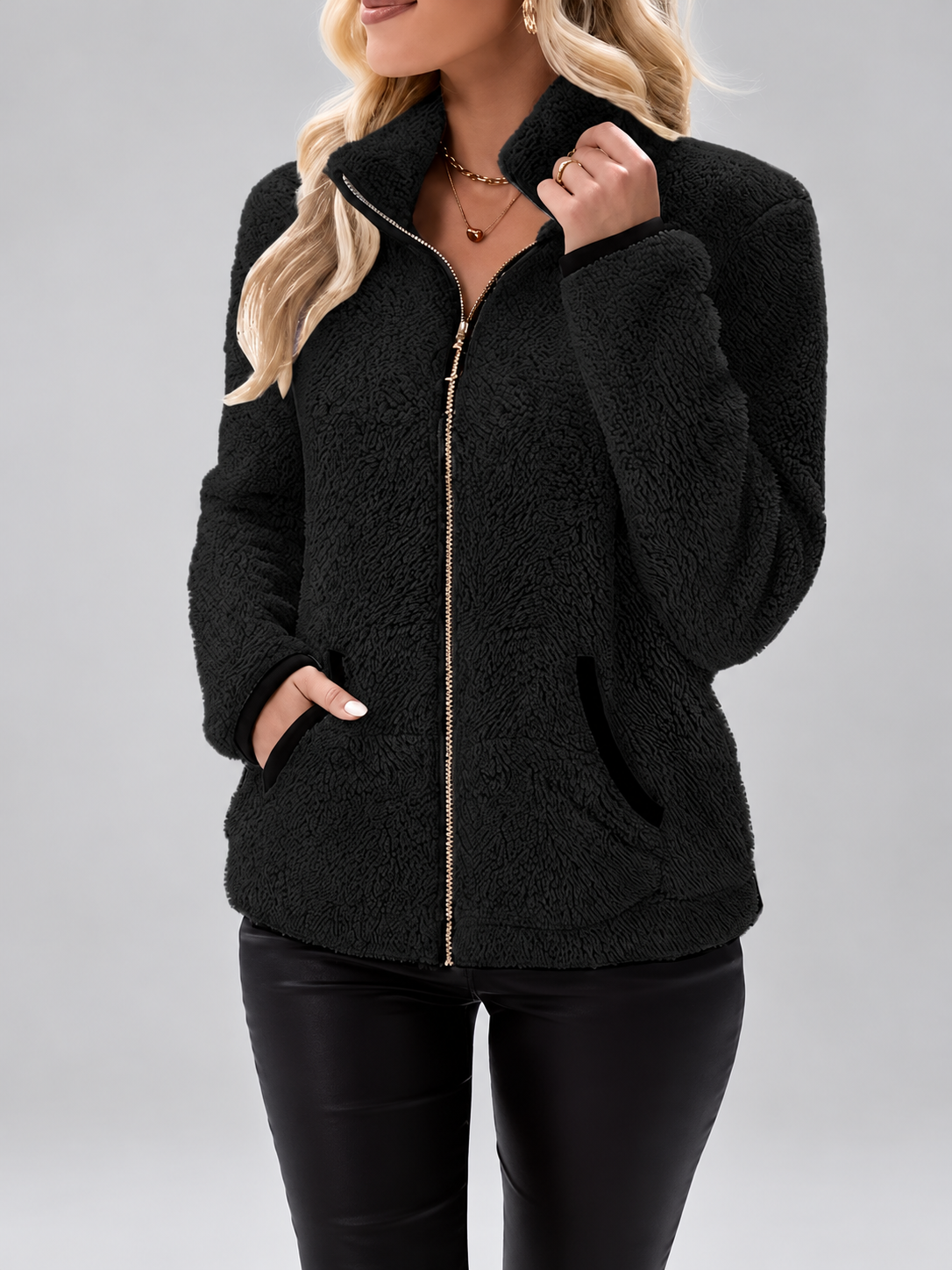 Women's Teddy Jacket | Fleece Zip-Up Jacket with Pockets – Black – 1