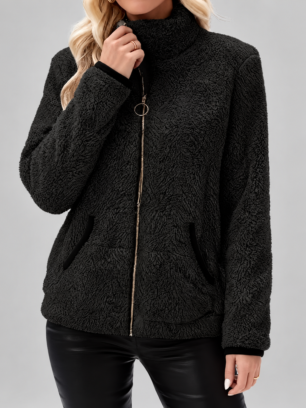 Women's Teddy Jacket | Fleece Zip-Up Jacket with Pockets – Black – 2