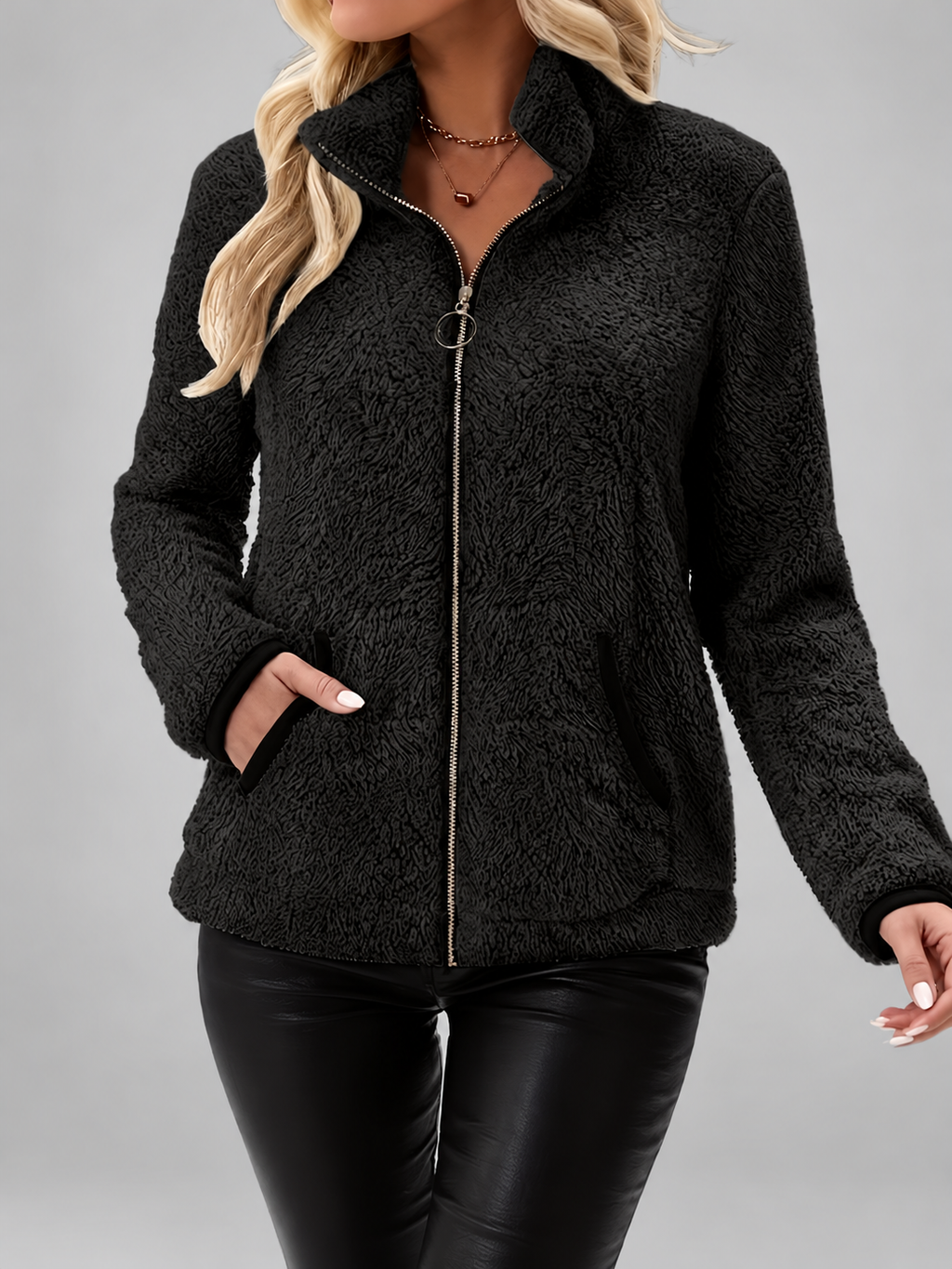 Women's Teddy Jacket | Fleece Zip-Up Jacket with Pockets – Black – 3