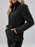 Women's Teddy Jacket | Fleece Zip-Up Jacket with Pockets – Black – 6