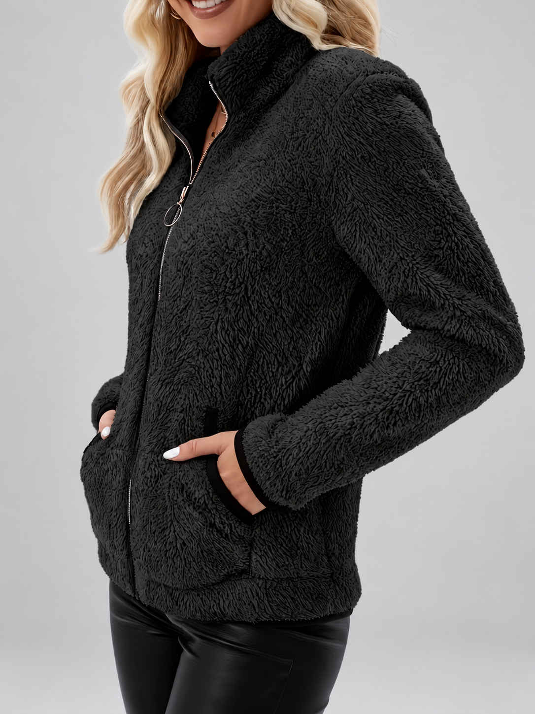 Women's Teddy Jacket | Fleece Zip-Up Jacket with Pockets – Black – 6