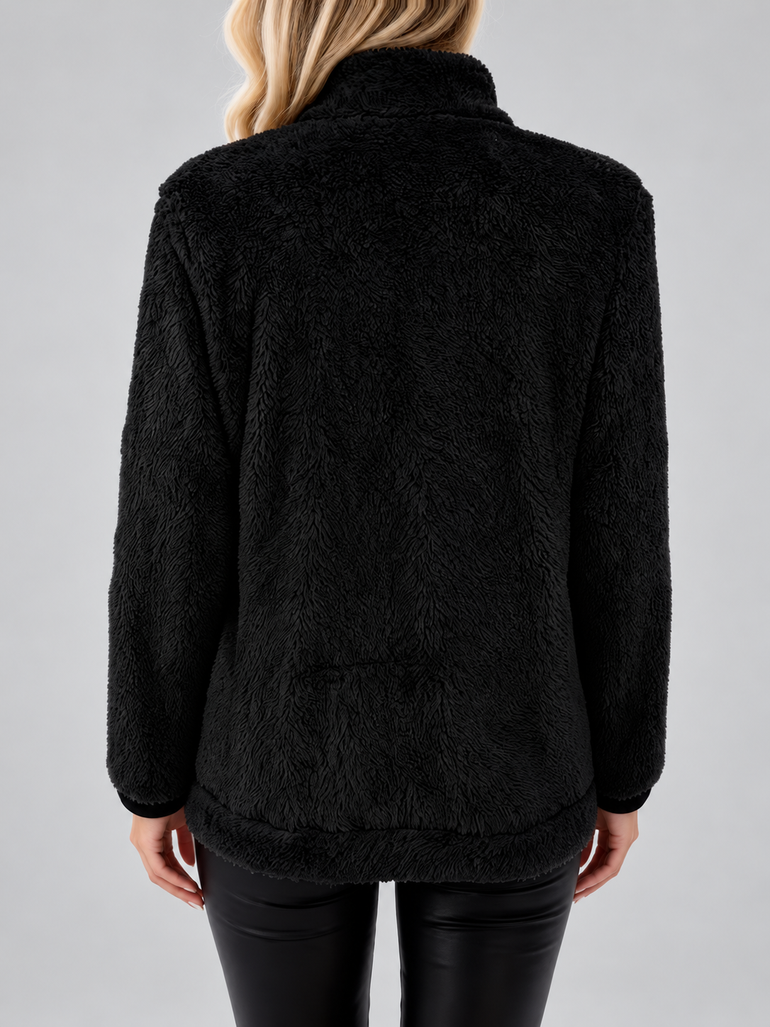 Women's Teddy Jacket | Fleece Zip-Up Jacket with Pockets – Black – 7