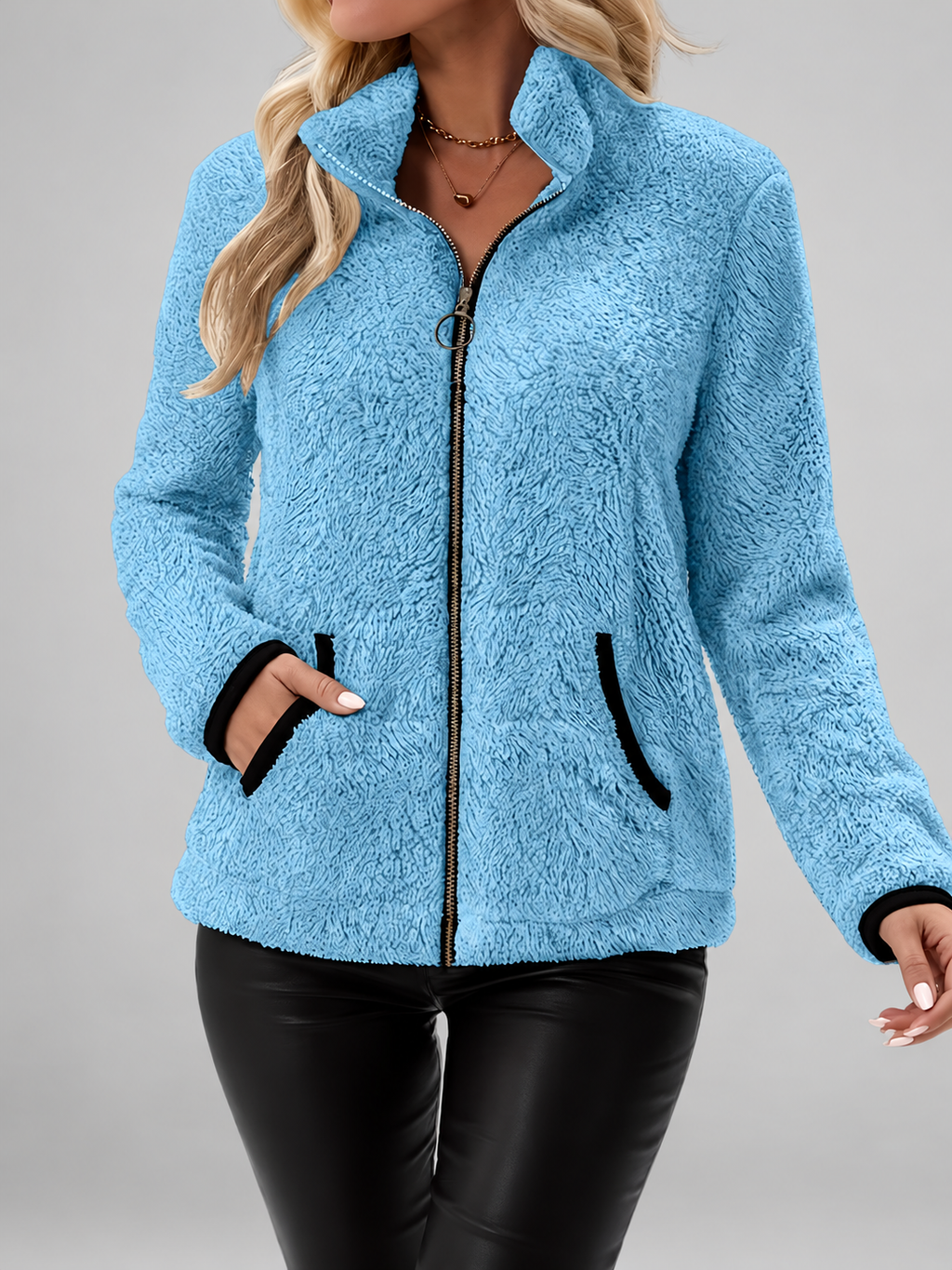 Women's Teddy Jacket | Fleece Zip-Up Jacket with Pockets – Sky Blue – 3