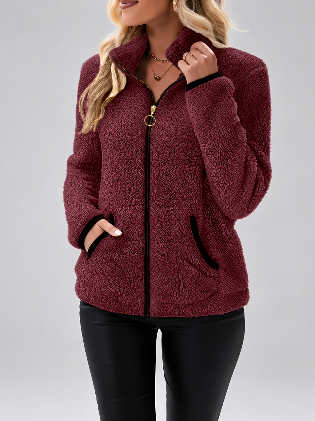 Women's Teddy Jacket | Fleece Zip-Up Jacket with Pockets – Purple 1 – 1